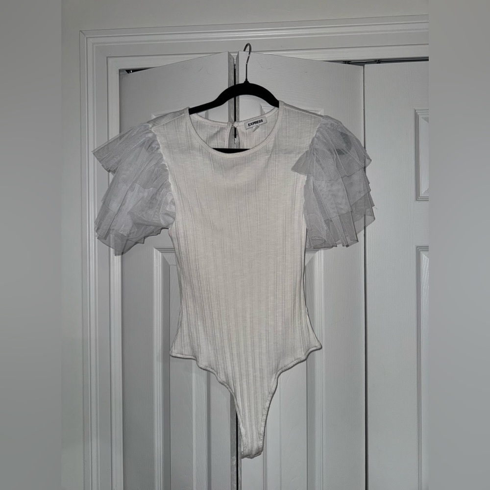 Express white bodysuit top with lace ruffle sleeves size Medium